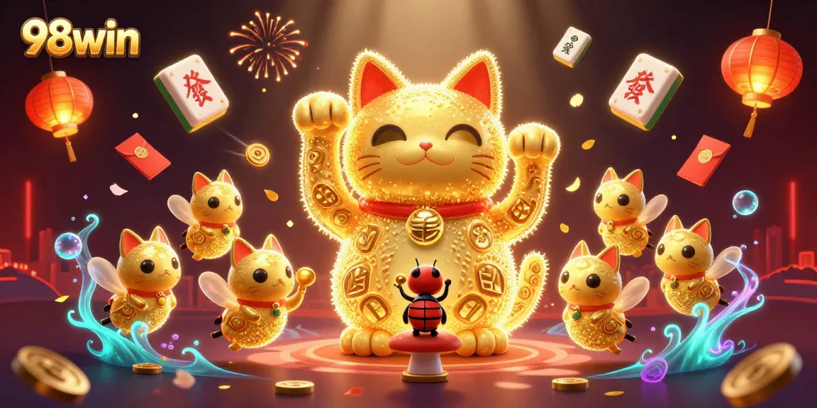 Experience thrilling gameplay at 98win with a vibrant lucky cat and dynamic casino elements.