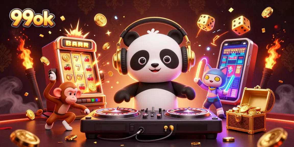 Experience the excitement of 99ok as the DJ panda spins amidst a casino celebration filled with jackpots and vibrant characters.