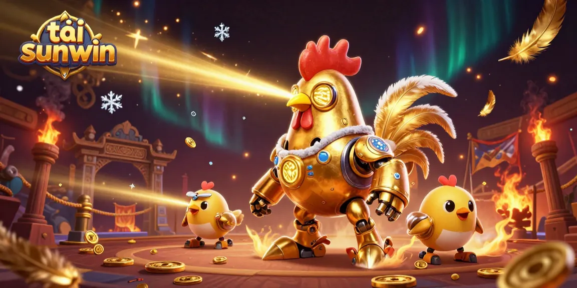 Tải sunwin app gameplay illustration showcasing golden rooster robot in a dynamic casino environment.
