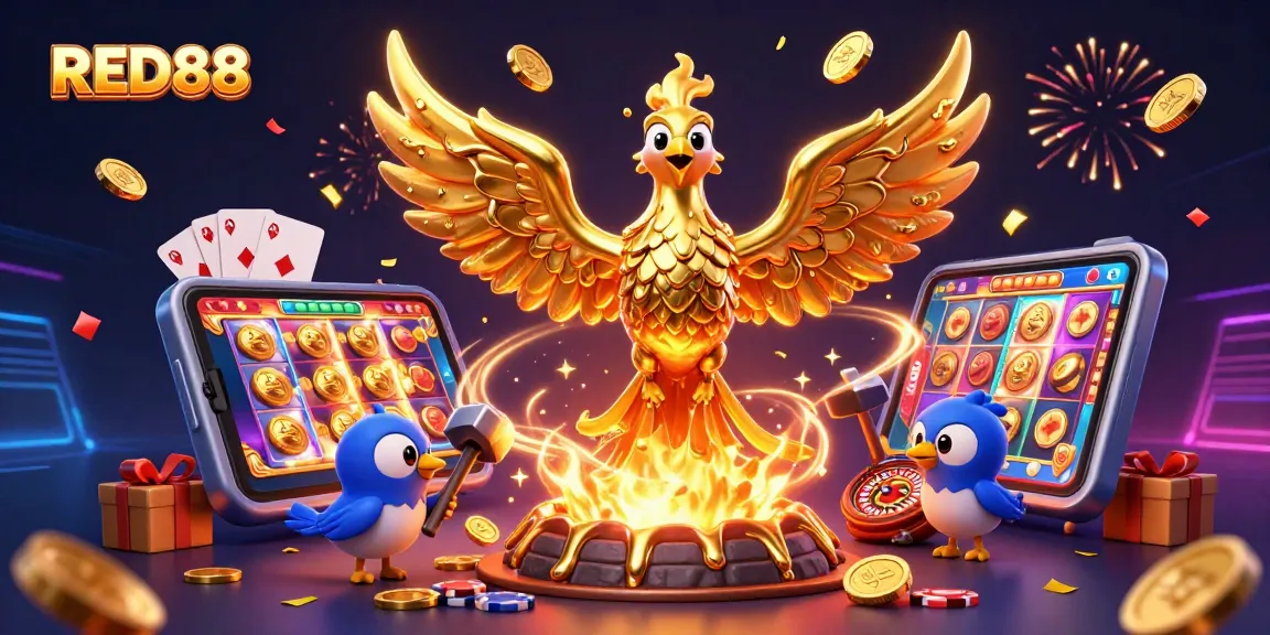 Engage with RED88's thrilling casino world, featuring a golden phoenix and vibrant game elements.