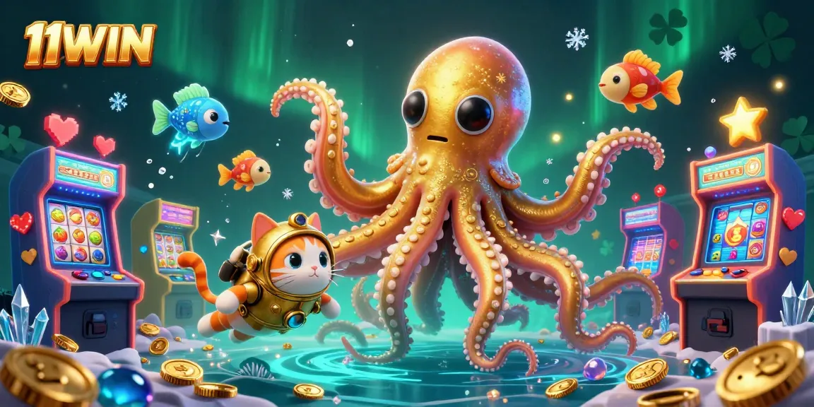 Experience the thrill of 11WIN with a dynamic 3D illustration featuring a kraken, diving cat, and gaming elements.