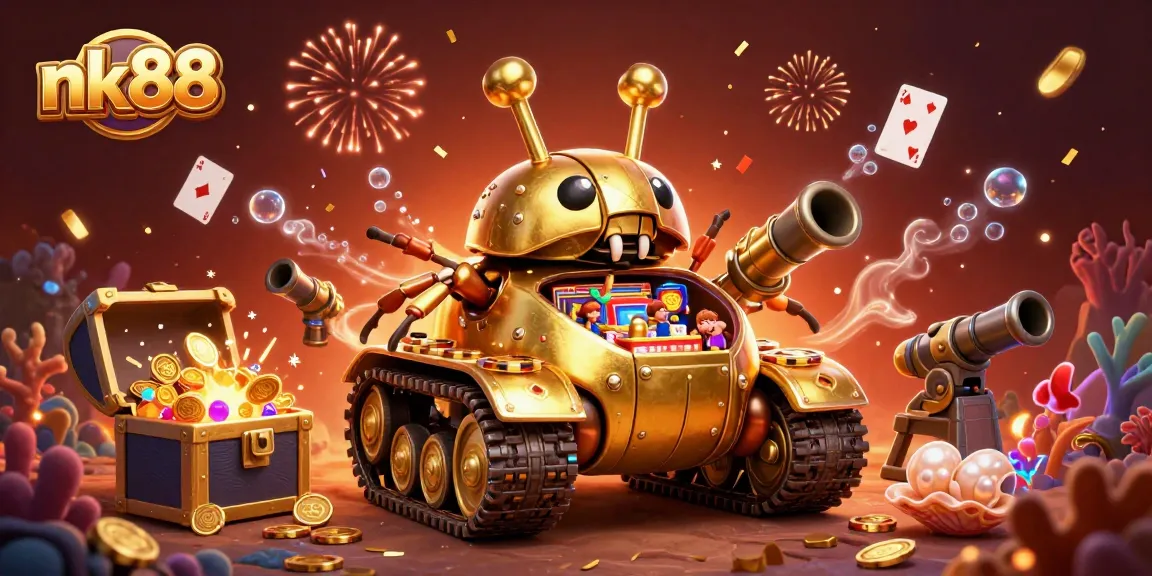 Engage with nk88's vibrant casino scene featuring golden beetles and lively game elements.