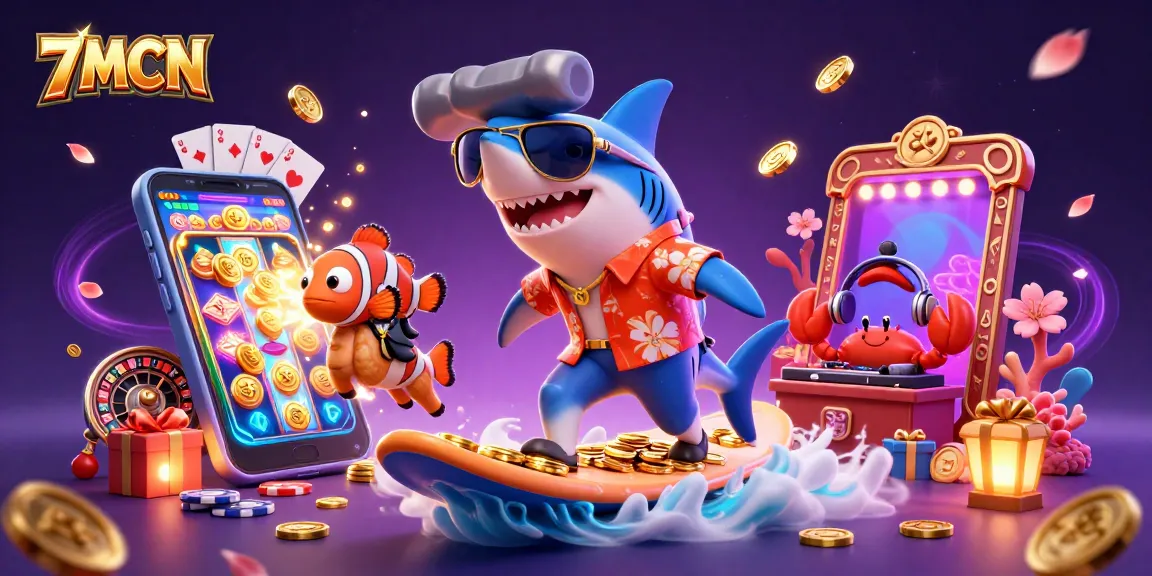 Catch thrilling action at 7MCN with cartoonish characters surfing on gold coins and spinning reels.