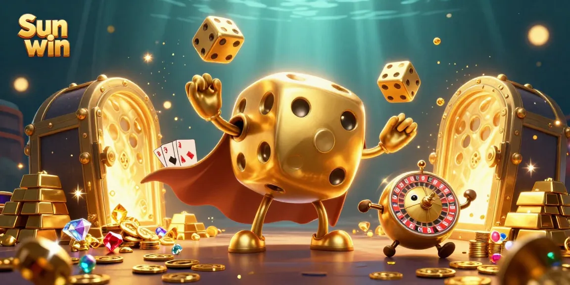 Engage in thrilling gameplay at Sun win with vibrant visuals featuring golden treasure and dynamic dice characters.