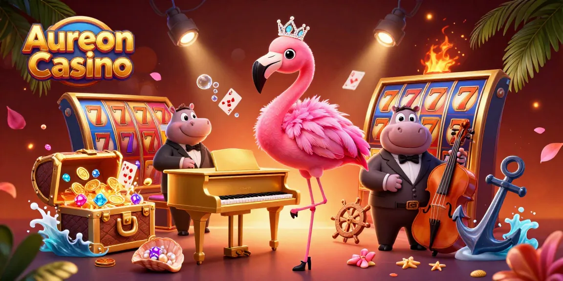 Aureon Casino showcases vibrant games with a flamingo singer and hippo bassist in a dynamic casino scene.