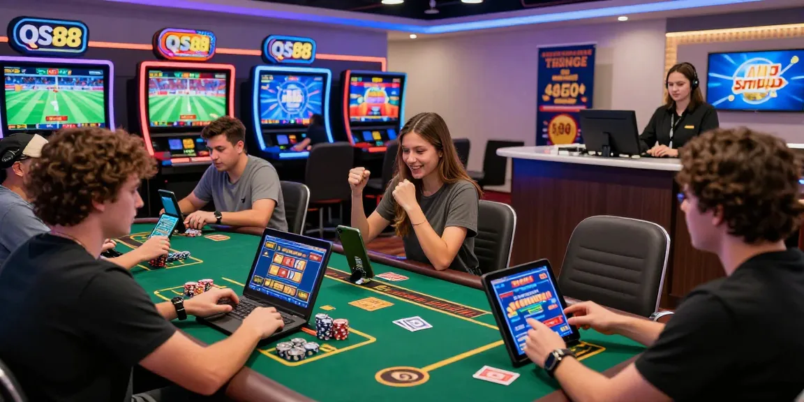 A dynamic QS88 online gambling scene with diverse players enjoying sports betting, casino games, and slots in a vibrant digital environment.