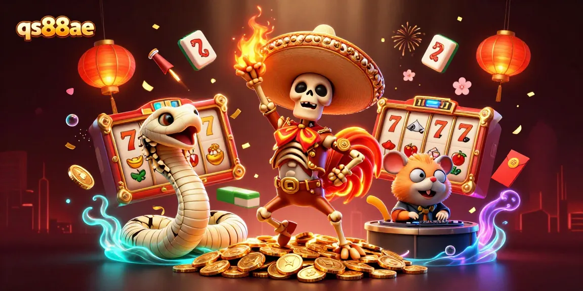 qs88ae showcases a vibrant victory dance scene with a skeleton, mummy snake, and DJ hamster amidst casino symbols.
