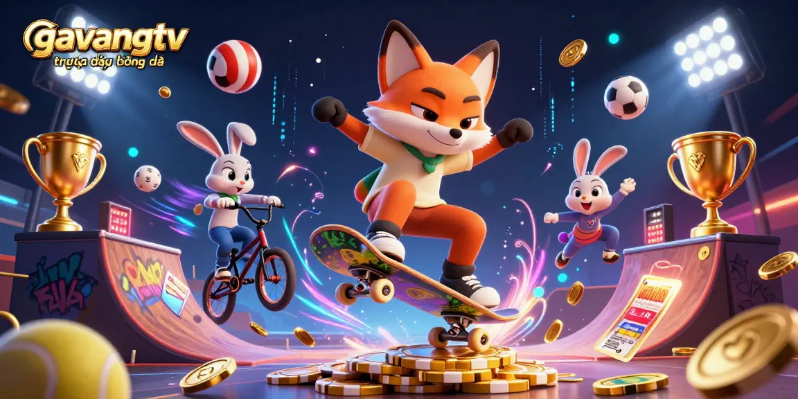Experience gavangtv trực tiếp bóng đá with 3D cartoon fox and rabbit in a vibrant casino scene.