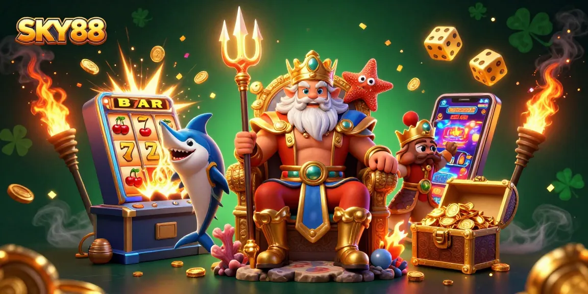 Win big with SKY88 as Neptune and friends celebrate a jackpot explosion in this vibrant casino scene.