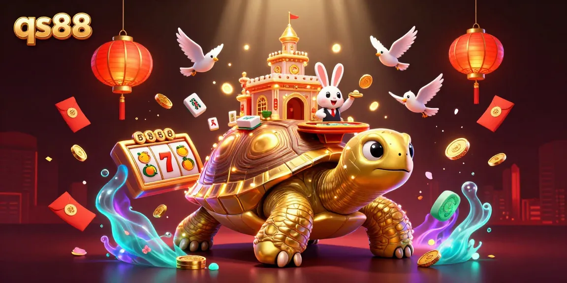 Experience thrilling qs88 slots action with the vibrant tortoise casino illustration featuring a rabbit dealer.
