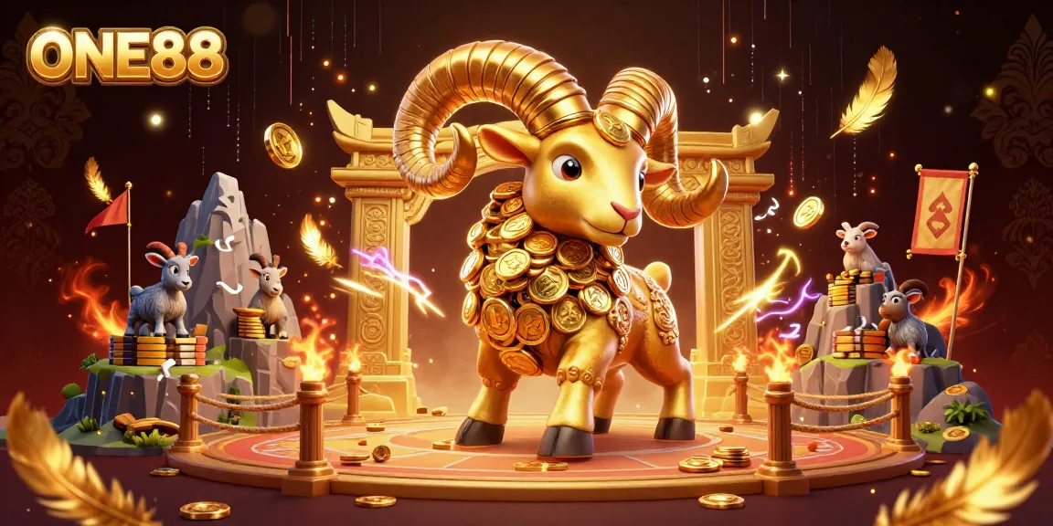 Experience thrilling bets at ONE88 with a dynamic golden ram charging through a gambling arena.