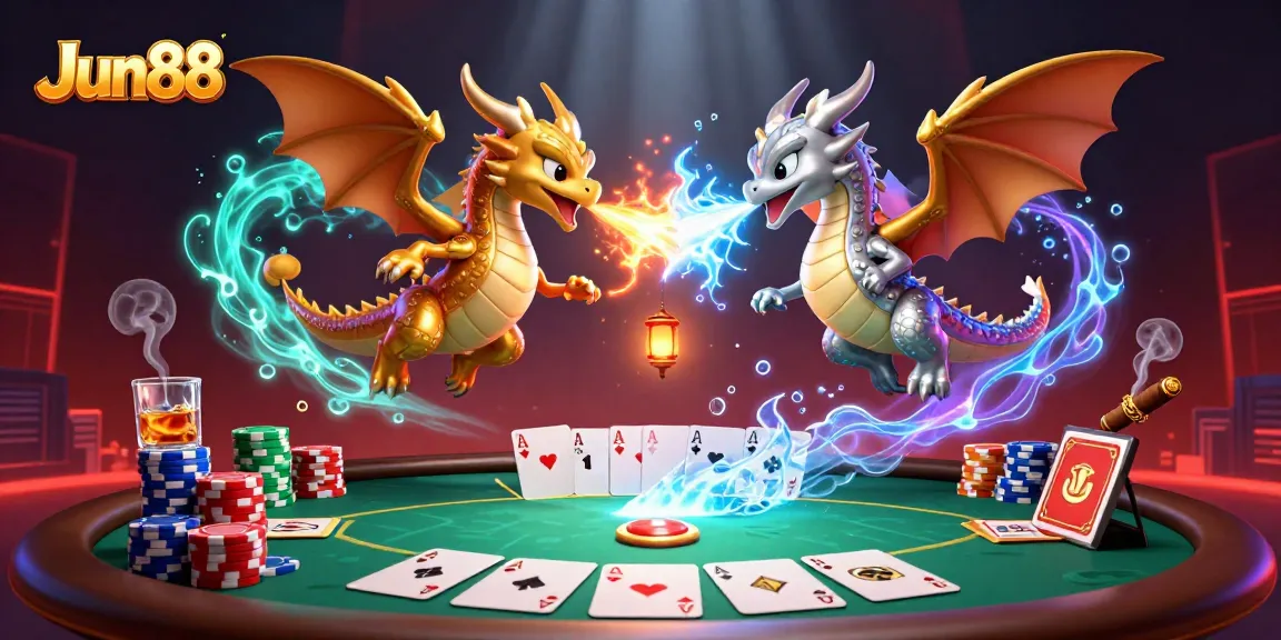 Experience thrilling poker action at Jun88 with vibrant dragons amidst chips and cards.