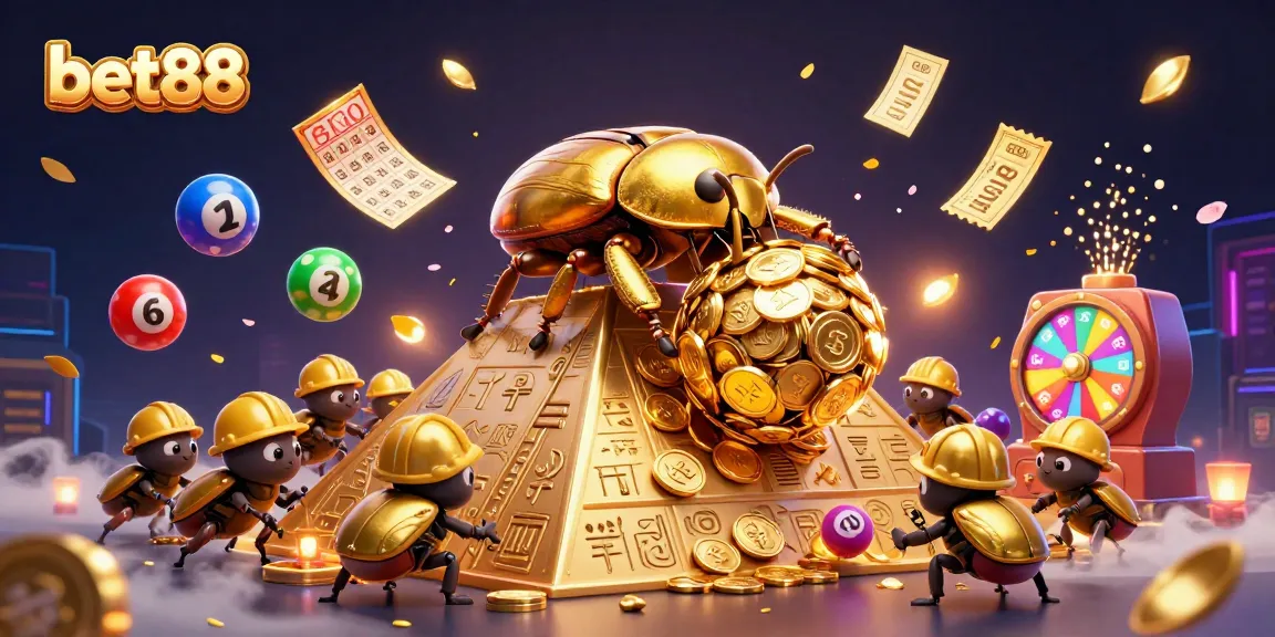 Experience thrilling gameplay at bet88 with a vibrant scene of golden beetles and dynamic casino elements.
