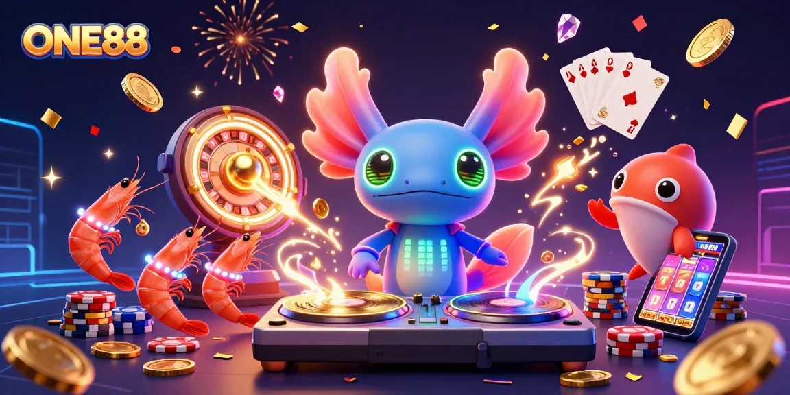 Join the vibrant celebration at ONE88 with a neon axolotl DJ, coins, and casino games!