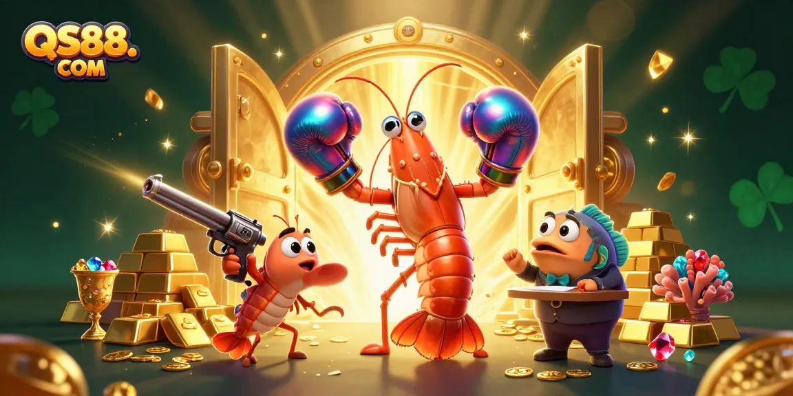 Experience excitement at QS88. COM with vibrant 3D characters celebrating casino wins amidst treasure.