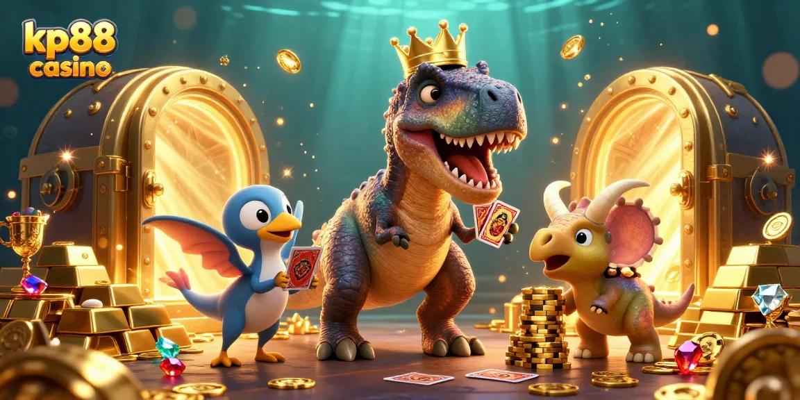 Engage in the fun at kp88 casino with a T-Rex shuffling cards, a pterodactyl assistant, and a triceratops stacking chips.