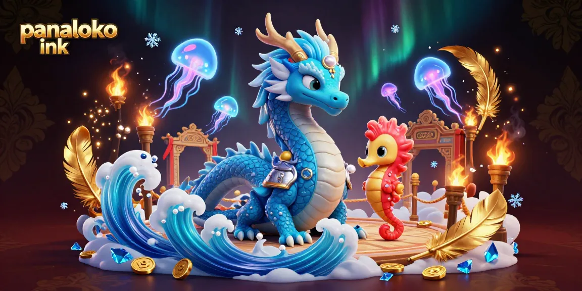 Panaloko ink showcases a vibrant 3D casino scene with an azure water dragon, seahorse knight, and glowing jellyfish.