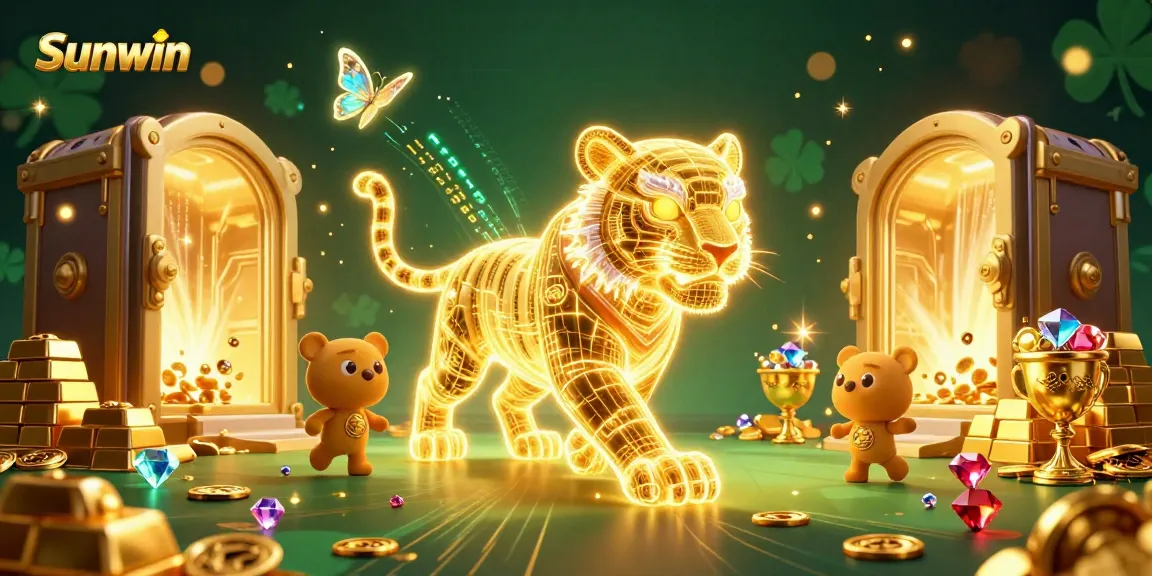 Experience the thrill of Sunwin as a golden tiger prowls in a vibrant digital casino.