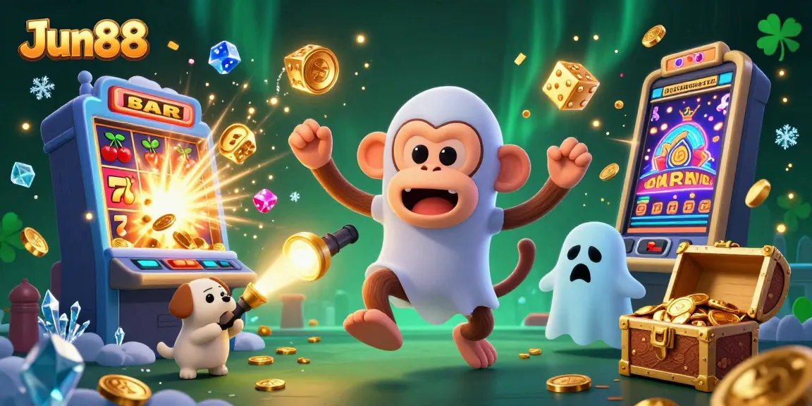 Engage with Jun88's vibrant casino experience while a mischievous poltergeist monkey juggles golden coins and gaming elements.
