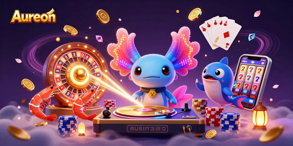 Aureon dives into vibrant underwater casino vibes with neon axolotl DJ and dancing sea creatures.