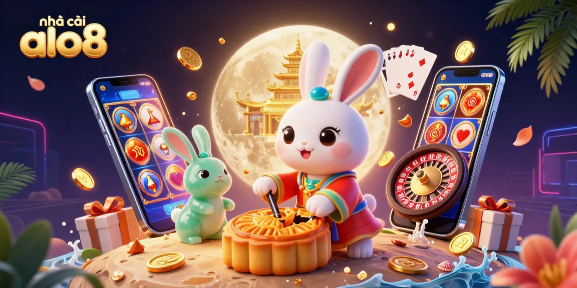 Engage with nhà cái alo8 through vibrant slot game visuals, golden mooncakes, and casino elements.