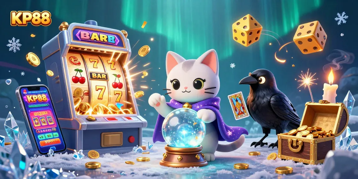 Experience the magic of KP88 with vibrant casino elements like slot machines and mystical characters in action.