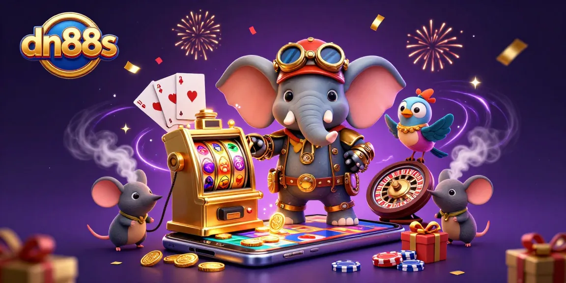 Win with dn88s in a vibrant casino scene featuring a steampunk elephant and slot machine.
