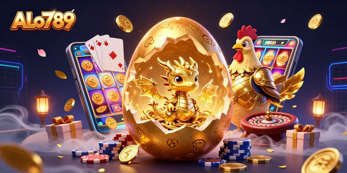 Play thrilling games at ALo789 with golden dragon and poker chips, experience vibrant casino action!