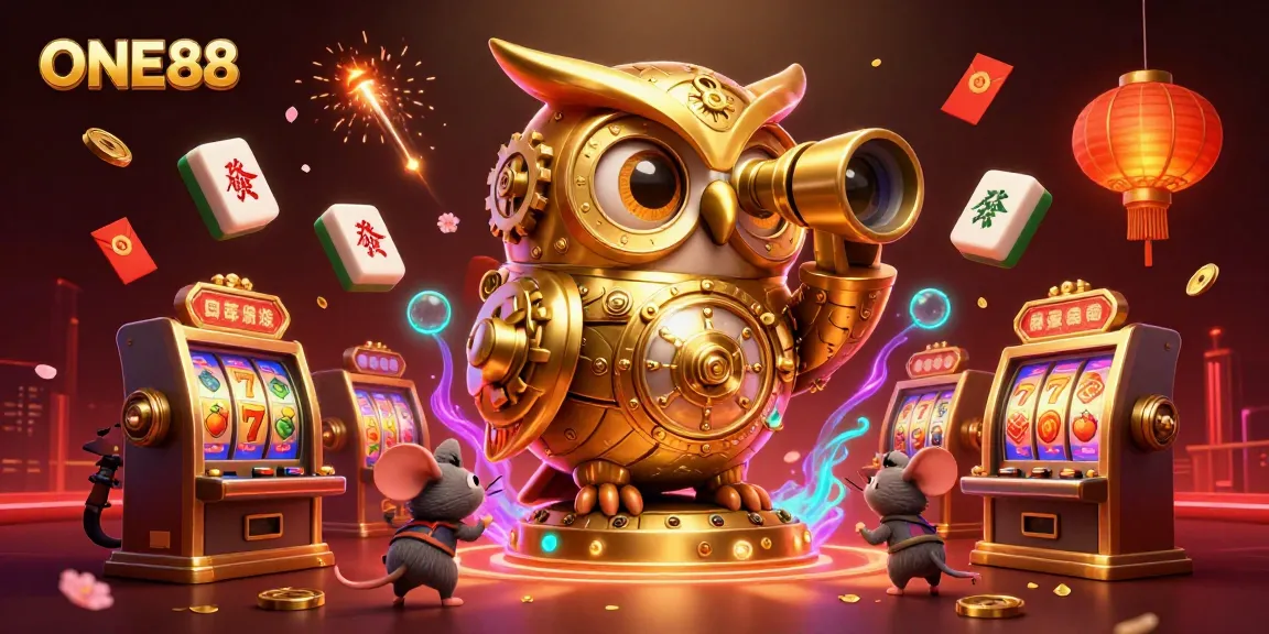 ONE88 showcases vibrant casino excitement with a golden owl and lively gambling elements.
