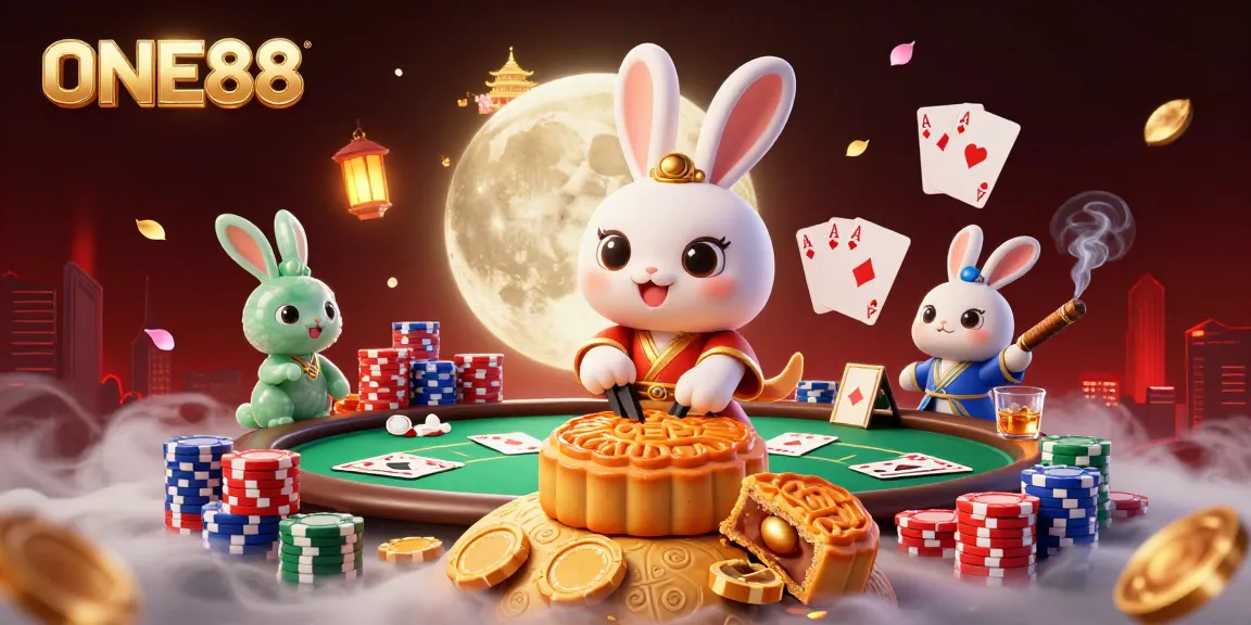 Engage in the vibrant world of ONE88 with a moon rabbit celebrating casino culture amidst golden mooncakes and colorful poker chips.