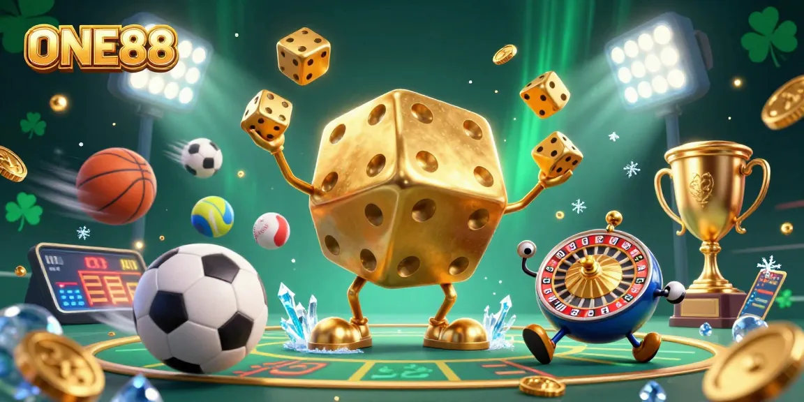 Experience vibrant gaming excitement with ONE88’s massive golden dice golem and dynamic sports elements.
