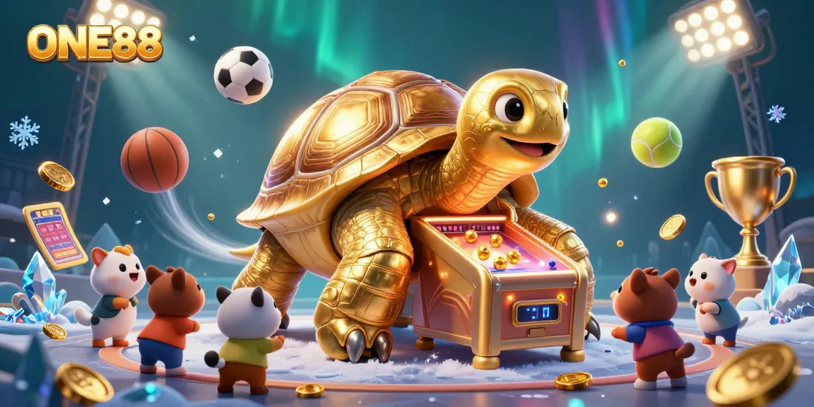 Explore thrilling games at ONE88 with a vibrant scene featuring a golden tortoise and dynamic sports action.