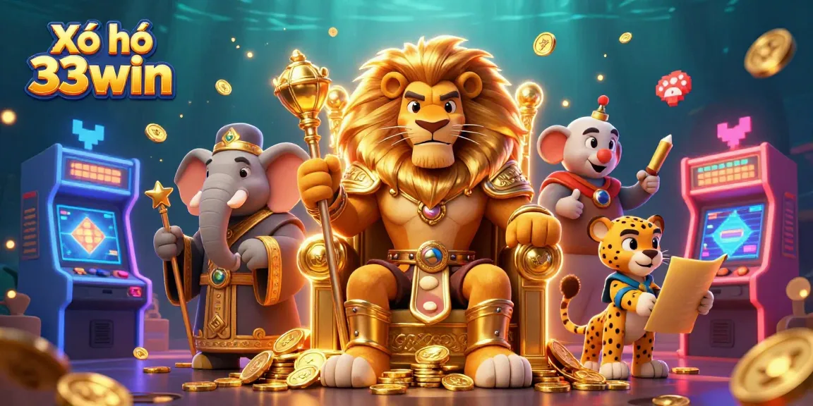 Xổ số 33win features a lion king, wise elephant, and cheetah amid vibrant casino game elements