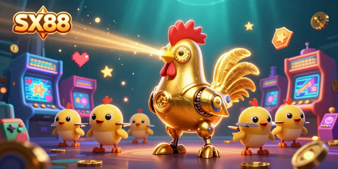 SX88 presents an exhilarating 3D scene featuring a golden rooster robot and baby chick drones amidst vibrant arcade elements.